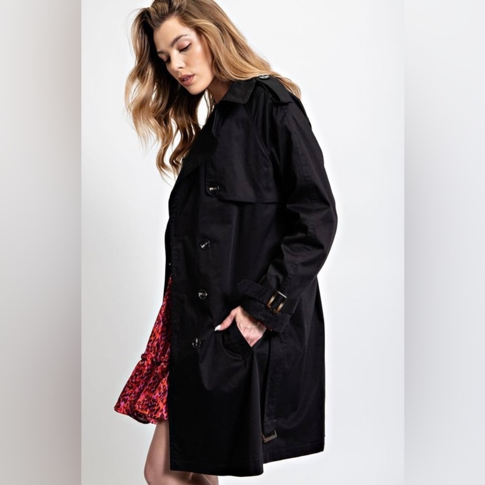 459. Easel Trench Coat Women's Black Oversized Buckle Belt Button Long Sleeve - Picture 2 of 4